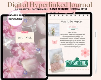 May include: A digital journal template with a pink floral design. The text "How to be Happy" is at the top of the page. The text "IMPORTANT!" is in a pink box. The text "Dear Journal" is below the pink box. The text "Today, I want to focus on happiness and the things that bring me joy. It's important to remind myself of the little moments that light up my life and make me feel truly happy. So, here are a few activities, experiences, and people that consistently bring me joy." is below the text "Dear Journal". The text "YOU GOT THIS!" is in a green box with a white outline. The text "UNDATED AND HYPERLINKED" is in a pink circle. The text "JOURNAL" is in a beige box with a pink and orange striped border.