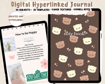 May include: A digital journal with a brown background and a pattern of white and brown bears. The text "note book" is written in white on the cover. The journal is open to a page with the title "How to be Happy" and a section titled "Important!" with a message about focusing on happiness. The journal is undated and hyperlinked.
