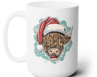 Festive Bull with Santa Hat Coffee Mug, Christmas Gift