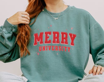 Comfort Colors Merry University Christmas Sweatshirt  Holiday Cheer Simple Sweater for Xmas Gift