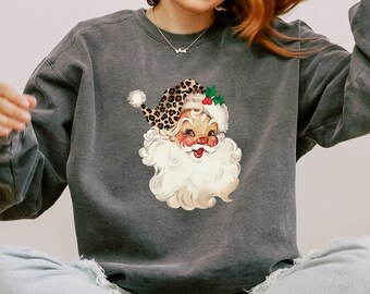 Cute Santa Sweatshirt with Animal Print Hat, Christmas Holiday Sweater