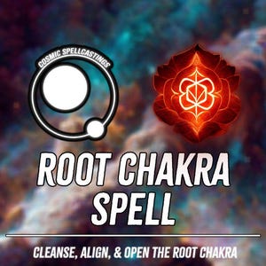 May include: Image features a cosmic background with text and graphics. The text reads "ROOT CHAKRA SPELL" with the tagline "CLEANSE, ALIGN, & OPEN THE ROOT CHAKRA." Graphics include a chakra symbol and a logo.