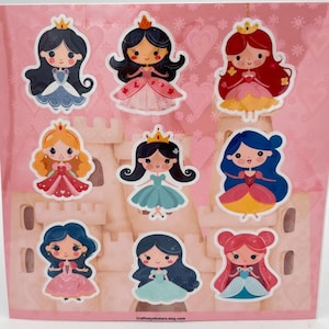 PRINCESS STICKER SHEET (Chibi style, Glossy Vinyl, Waterproof, Holographic, 9 per sheet)