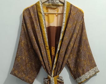 Indian Vintage Women Silk Patchwork Printed Kimono Gift For Women Night Beach Wear Sexy