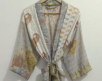 Indian Vintage Women Silk Patchwork Printed Kimono Gift For Women Night Beach Wear Sexy