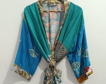 Indian Vintage Women Silk Patchwork Printed Kimono Gift For Women Night Beach Wear Sexy