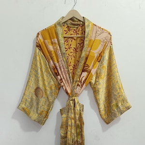 Patchwork Silk Kimono Robe, Recycled Boho Dress, Indian Handmade Lounge Wear