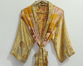Patchwork Silk Kimono Robe, Recycled Boho Dress, Indian Handmade Lounge Wear