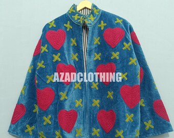 Embroidered Velvet Suzani Jacket – Hearts Printed Jacket , Unisex Casual