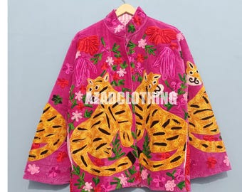 Tiger Velvet Suzani Jacket Bohemian Embroidered Coat Floral Artisan Outerwear