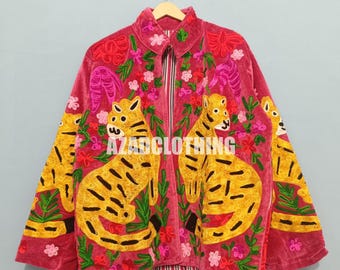 Tiger Printed Velvet Suzani Jacket Bohemian Embroidered Coat Floral Artisan Outerwear