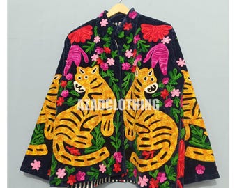 Tiger Velvet Suzani Jacket Bohemian Embroidered Coat Floral Artisan Outerwear