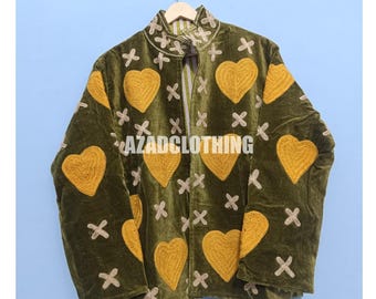 Embroidered Velvet Suzani Jacket: Olive Green Heart Design, Unisex Casual Coat