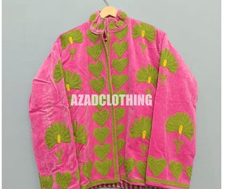 Embroidered Velvet Suzani Jacket – Pink Hearts, Green Floral, Unisex Casual Coat