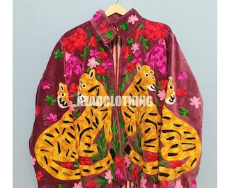 Handmade Velvet Tiger Floral Embroidered Jacket – Boho Vintage Statement Coat