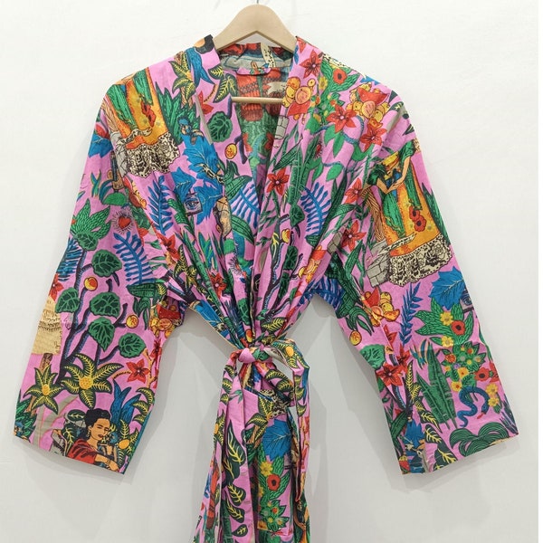 Kimono z bawełny z nadrukiem Fridy Kahlo: Boho Loungewear