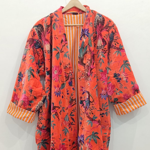 Bird Print Velvet Kimono Robe: Orange Floral Cotton Velvet Jacket