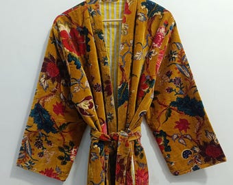 Handgemaakte fluwelen kimono badjas bloemenprint boho stofdoek ochtendjas