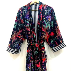 Floral Black Bird Print Velvet Kimono Robe: Cotton Velvet Coat