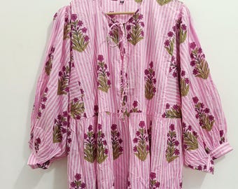 Katoenen midi-jurk met bloemenhandblokprint: bohostijl