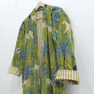 Green Jungle Print Velvet Kimono Robe: Cotton Morning Coat