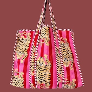 Sac fourre-tout en coton à imprimé tigre, respectueux de l'environnement, durable, solide, sac fourre-tout pour les courses d'épicerie, sac bohème fait main, sac fourre-tout matelassé, sac de marché