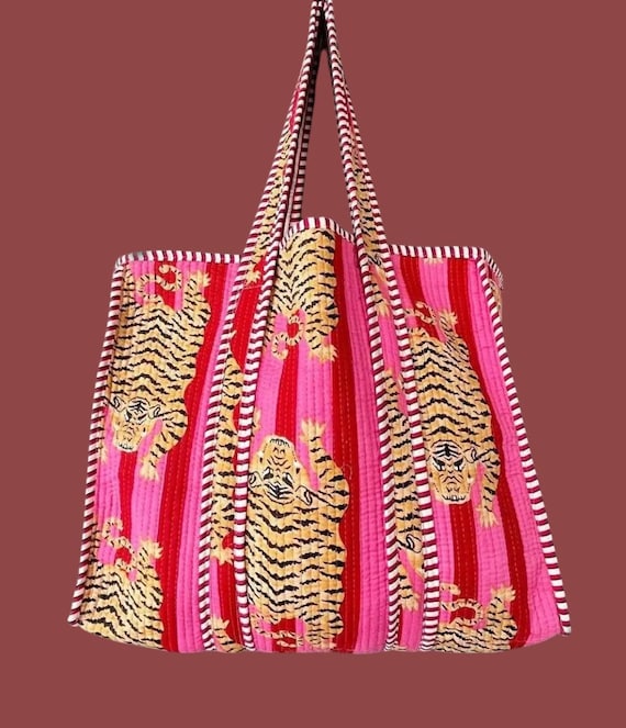 Tiger Print Cotton Tote Bag: Handmade Quilted Market Bag