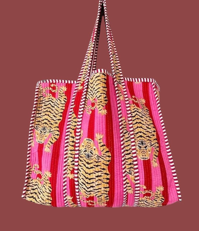 Tiger Print Cotton Tote Bag: Handmade Quilted Market Bag Pink