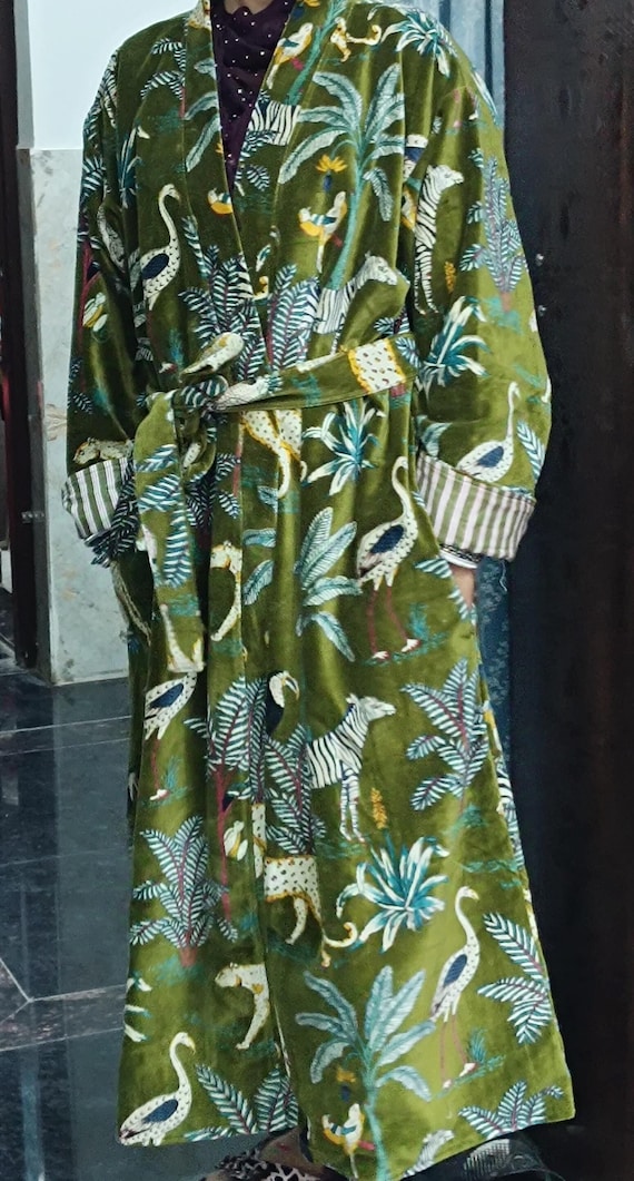 Green Jungle Print Velvet Kimono Robe: Cotton Blend, Bridal Cover-Up