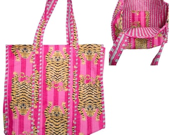 Tiger Print Cotton Tote Bag: Handmade Quilted Market Bag
