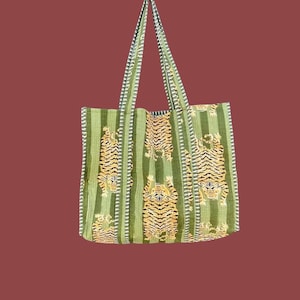 Tiger Print Cotton Tote Bag: Handmade Quilted Market Bag Green
