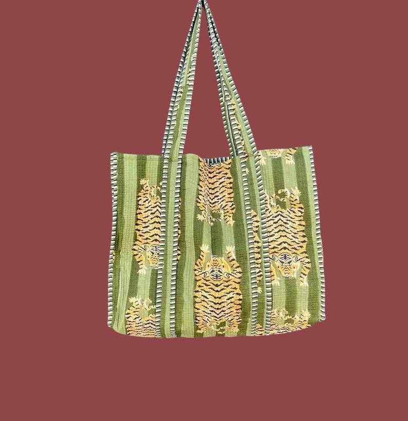 Tiger Print Cotton Tote Bag: Handmade Quilted Market Bag Green