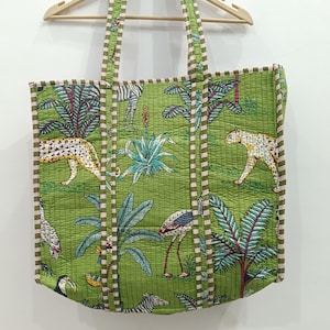 Tiger Print Cotton Tote Bag: Handmade Quilted Market Bag Green Tiger
