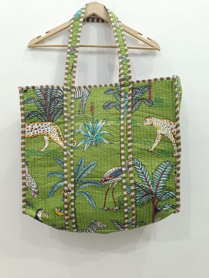 Tiger Print Cotton Tote Bag: Handmade Quilted Market Bag Green Tiger