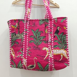Tiger Print Cotton Tote Bag: Handmade Quilted Market Bag Pink Tiger