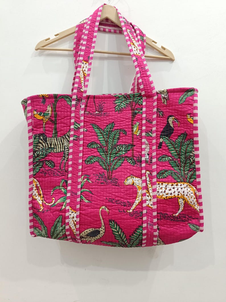 Tiger Print Cotton Tote Bag: Handmade Quilted Market Bag Pink Tiger