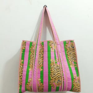 Tiger Print Cotton Tote Bag: Handmade Quilted Market Bag Pink & Green