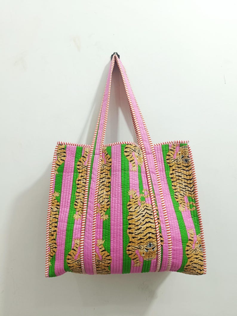 Tiger Print Cotton Tote Bag: Handmade Quilted Market Bag Pink & Green