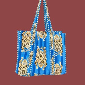 Tiger Print Cotton Tote Bag: Handmade Quilted Market Bag Blue