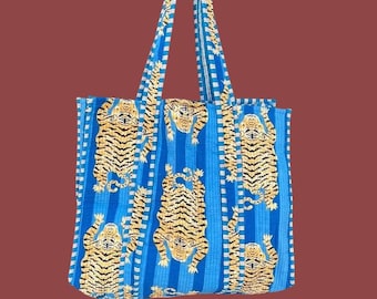 Handmade Quilted Cotton Tote Bag: Ethnic Tiger Print Shoulder Bag