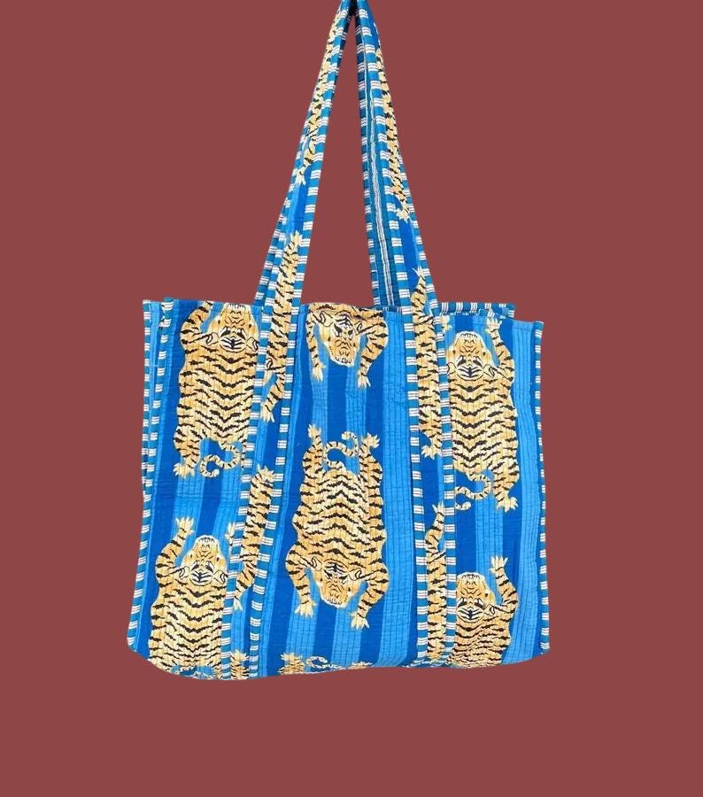 Tiger Print Cotton Tote Bag: Handmade Quilted Market Bag Blue