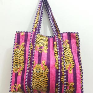 Tiger Print Cotton Tote Bag: Handmade Quilted Market Bag Purple