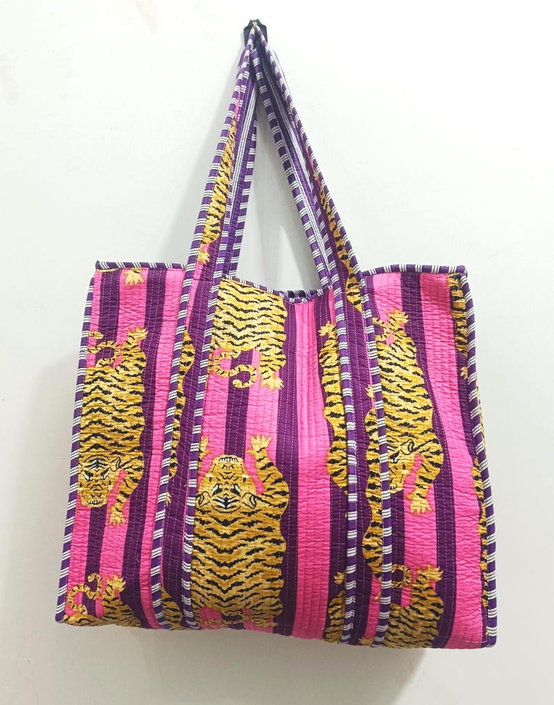 Tiger Print Cotton Tote Bag: Handmade Quilted Market Bag Purple