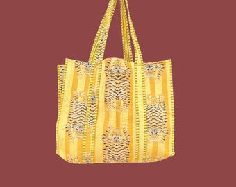 Tiger Print Cotton Tote Bag: Handmade Quilted Shopper