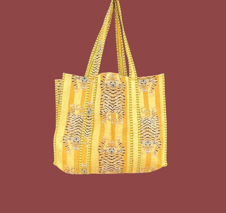 Tiger Print Cotton Tote Bag: Handmade Quilted Market Bag Yellow