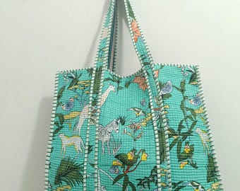 Katoenen draagtas met bloemenprint Indiase handgemaakte gewatteerde markttas Cadeau voor dames