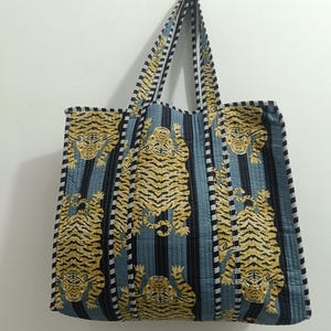 Tiger Print Cotton Tote Bag: Handmade Quilted Market Bag Grey