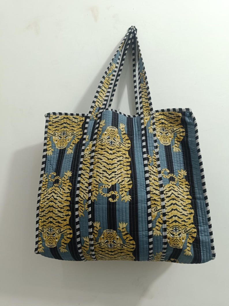 Tiger Print Cotton Tote Bag: Handmade Quilted Market Bag Grey