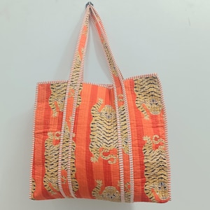 Tiger Print Cotton Tote Bag: Handmade Quilted Market Bag Orange