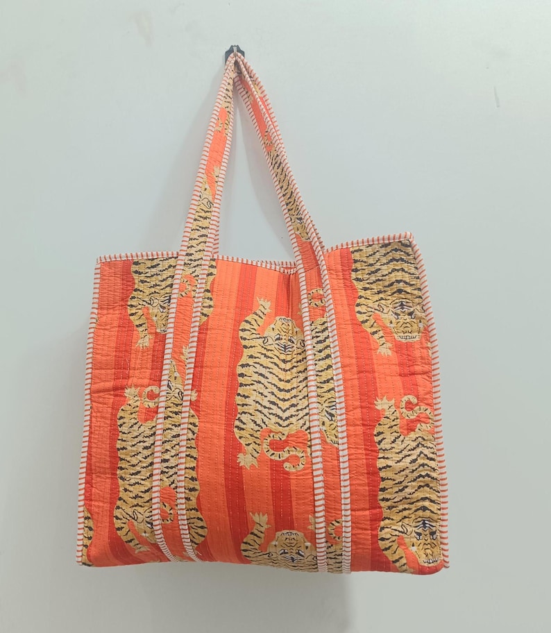 Tiger Print Cotton Tote Bag: Handmade Quilted Market Bag Orange